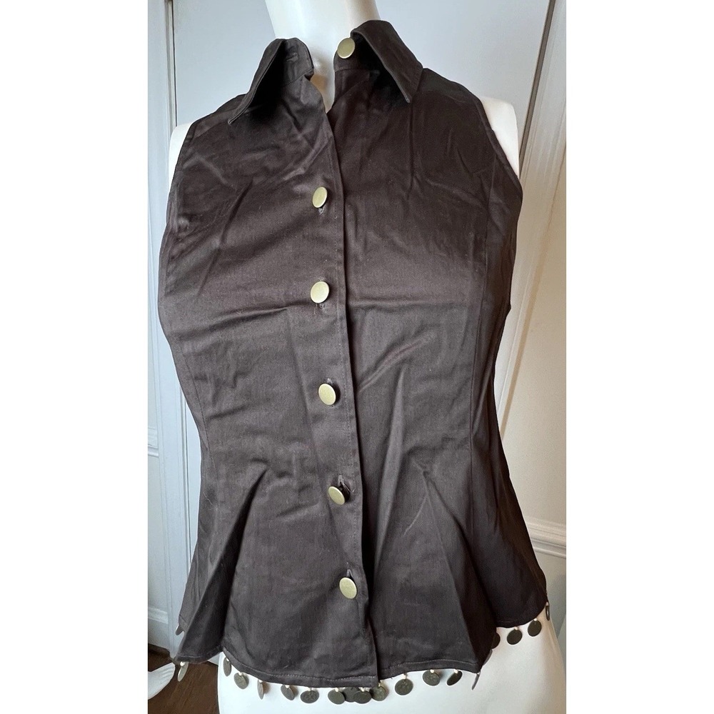 Andre' Oliver Brown Embellished Collar Halter Button Women's Sz 4 Sleeveless NWT